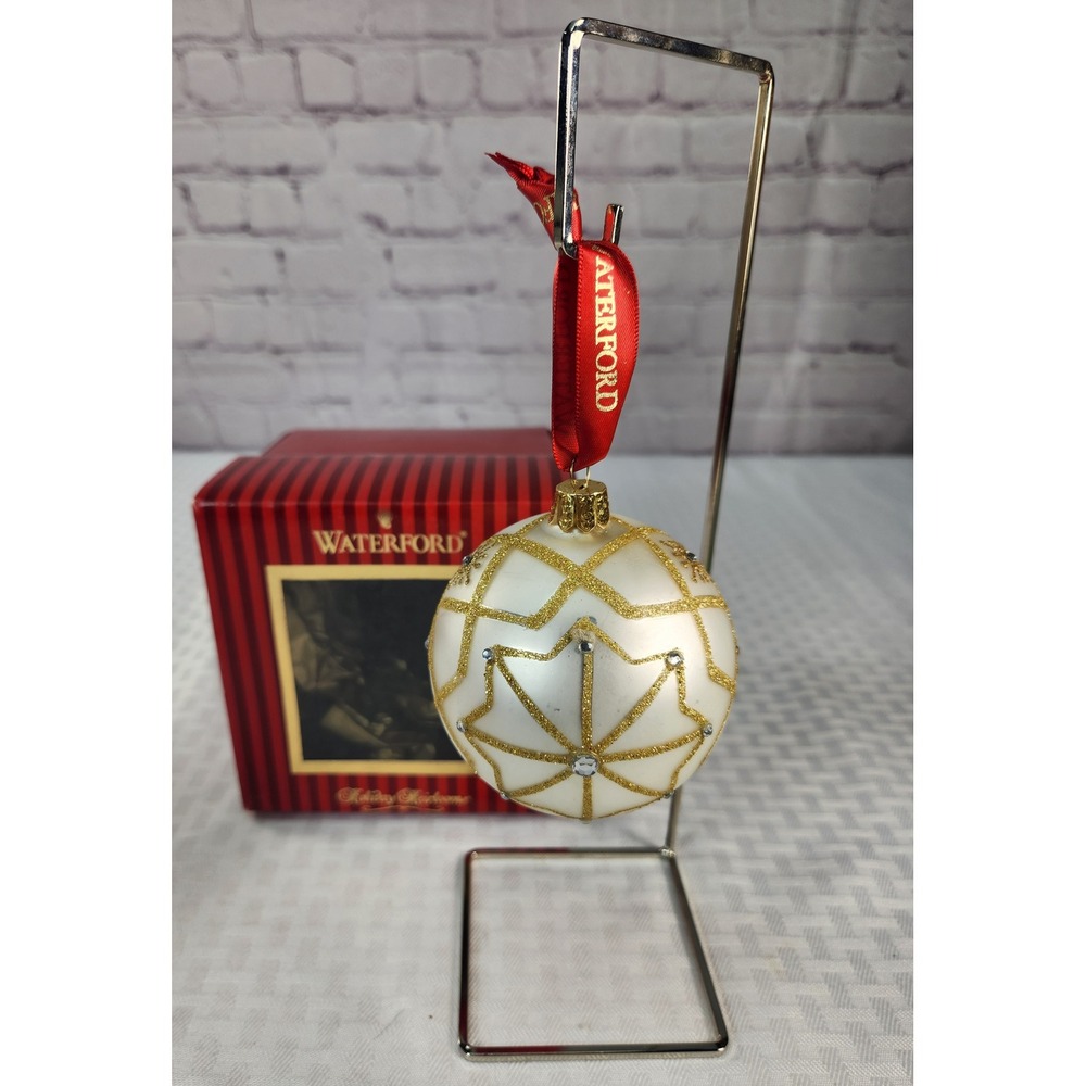 Waterford Holiday Heirlooms White Prism Ball Glass Ornament Gold Glitter 153841